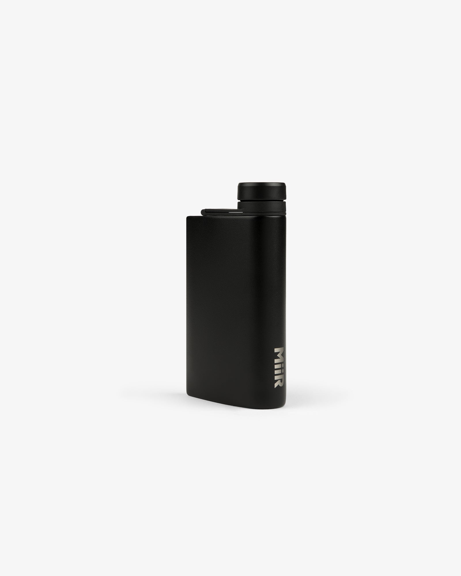 Matte black ALD Golf 19th Flask with a rounded cap and MiiR branding printed vertically near the bottom.