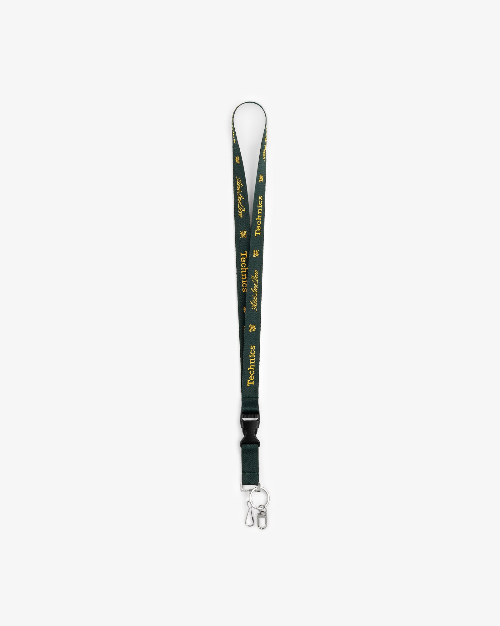 ALD / Technics dark green lanyard with yellow text, metal clasp, and key ring on white background.