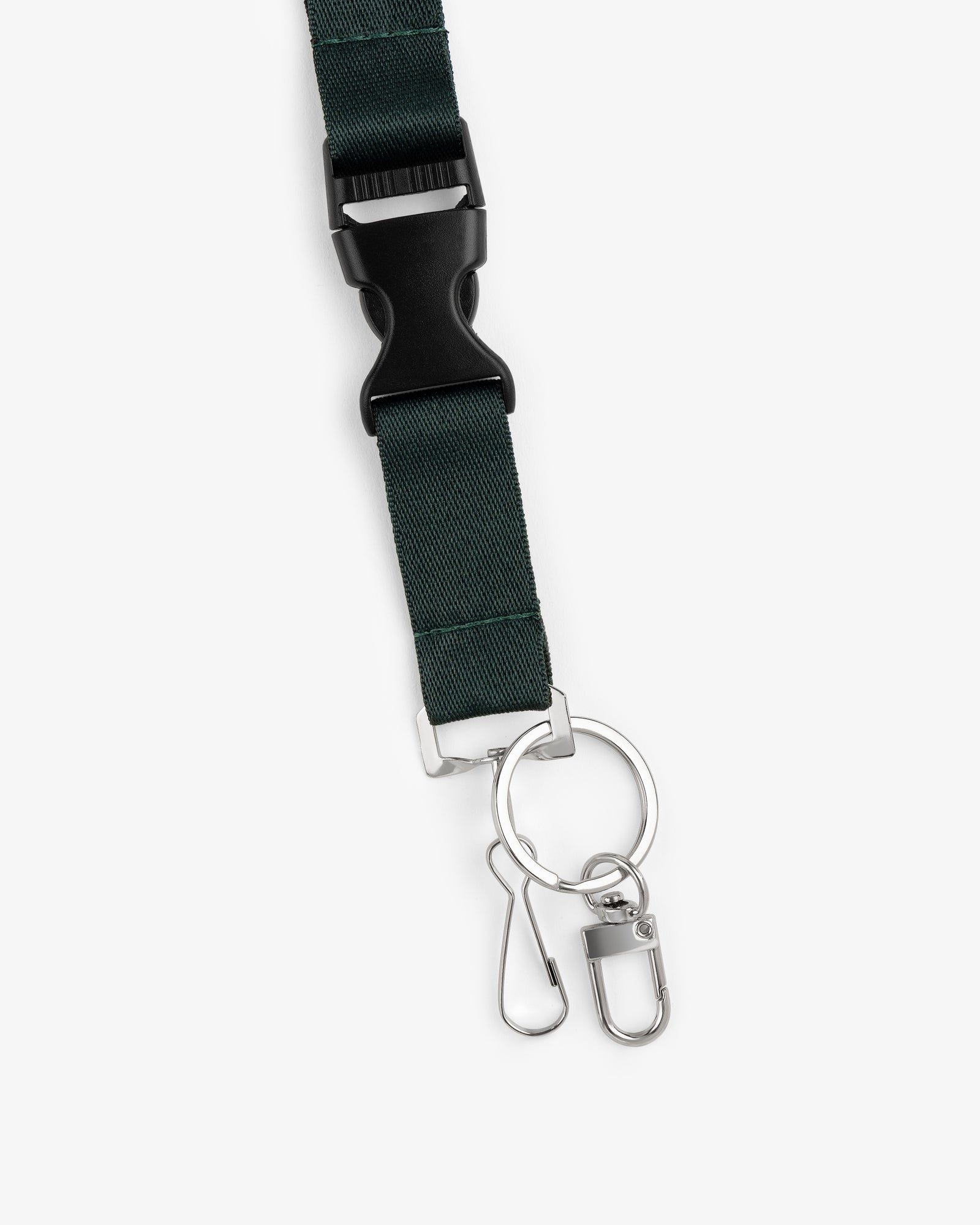 The ALD / Technics Lanyard is dark green with a black plastic buckle, metal key ring, hooks, and clips.