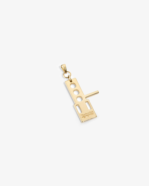 ALD / Technics 14Kt Gold Pendant: stylized tonearm with cutouts, engraved logo, shown on a white background.