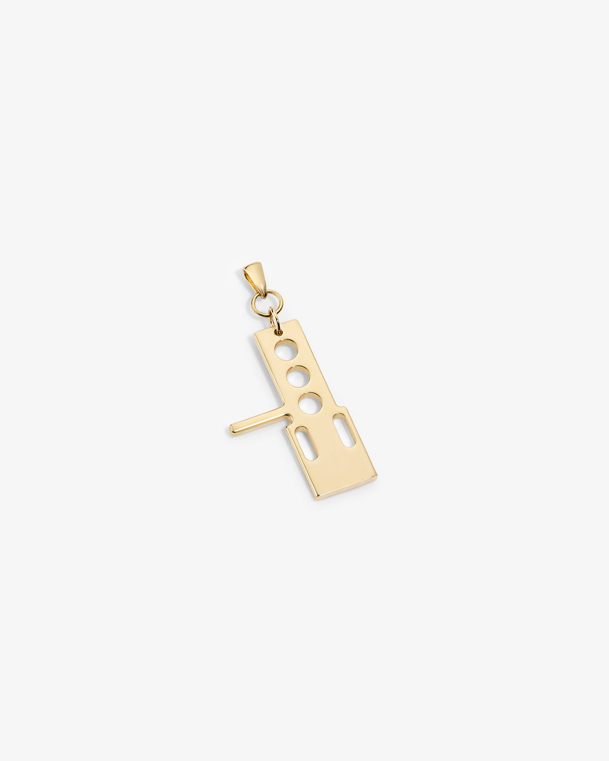 ALD / Technics 14Kt Gold Pendant with geometric circle and rectangle cutouts on a white background.