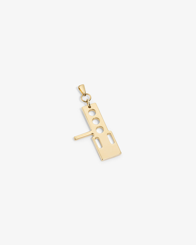 ALD / Technics 14Kt Gold Pendant with geometric circle and rectangle cutouts on a white background.
