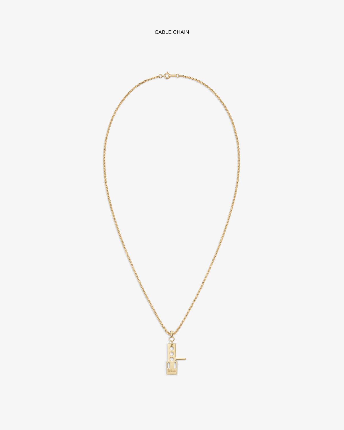 ALD / Technics 14Kt Gold Pendant: cable chain necklace with rectangular pendant and vertical bar on white background.