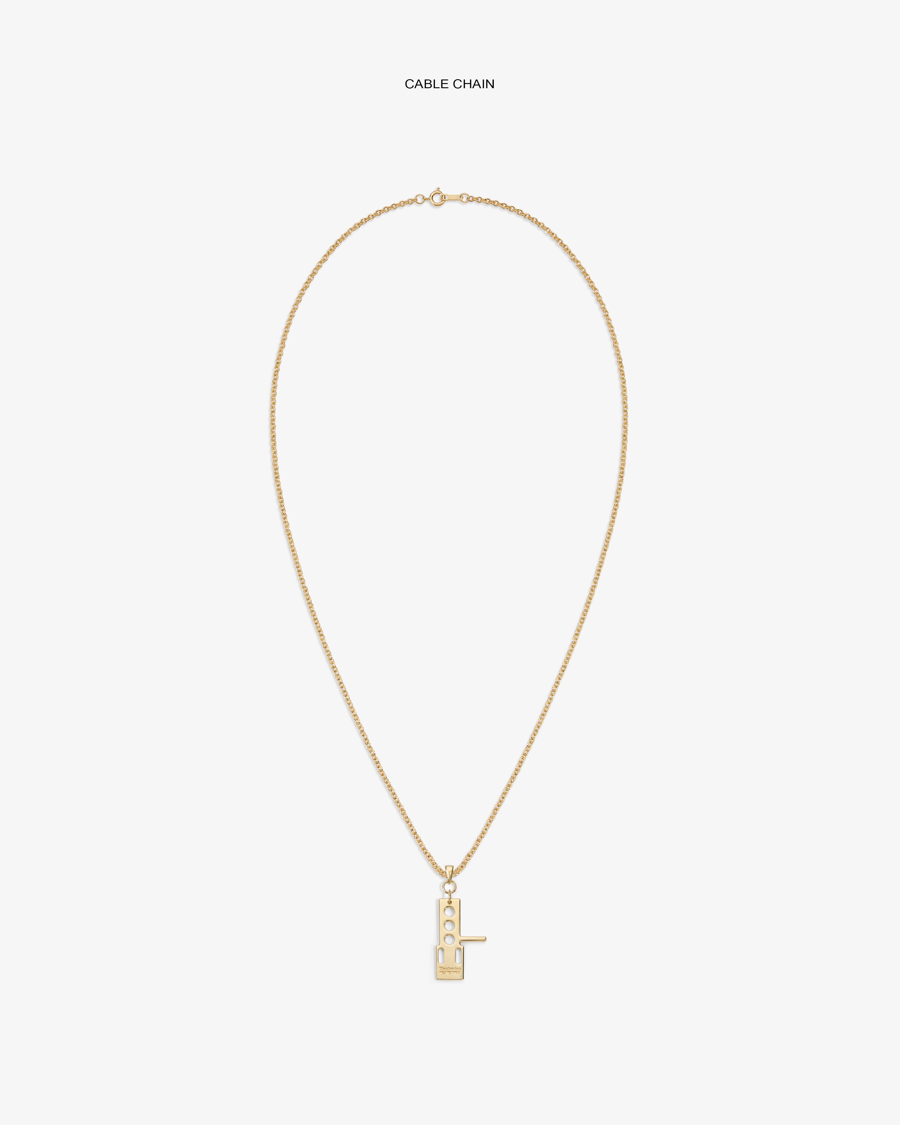 ALD / Technics 14Kt Gold Pendant: cable chain necklace with rectangular pendant and vertical bar on white background.