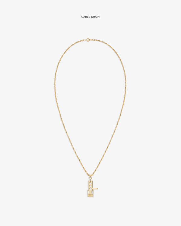 ALD / Technics 14Kt Gold Pendant: cable chain necklace with rectangular pendant and vertical bar on white background.
