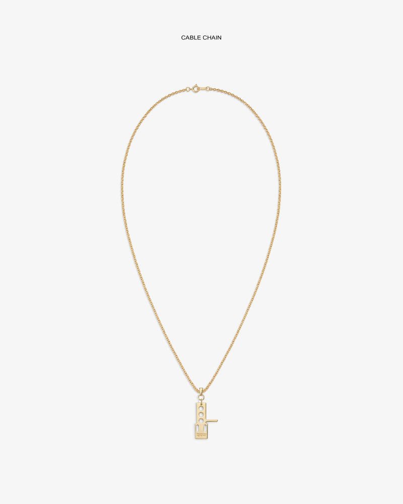 ALD / Technics 14Kt Gold Pendant: cable chain necklace with rectangular pendant and vertical bar on white background.