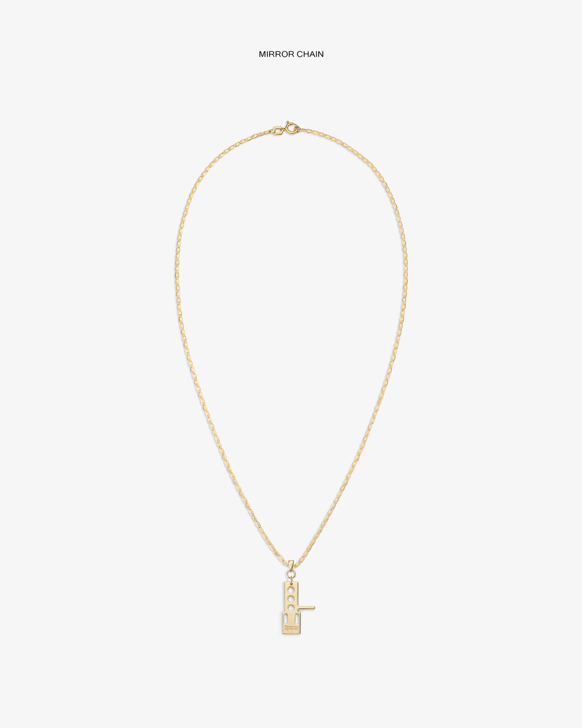 ALD / Technics 14Kt Gold Pendant: vertical rectangular geometric cutout on chain, shown on white background.