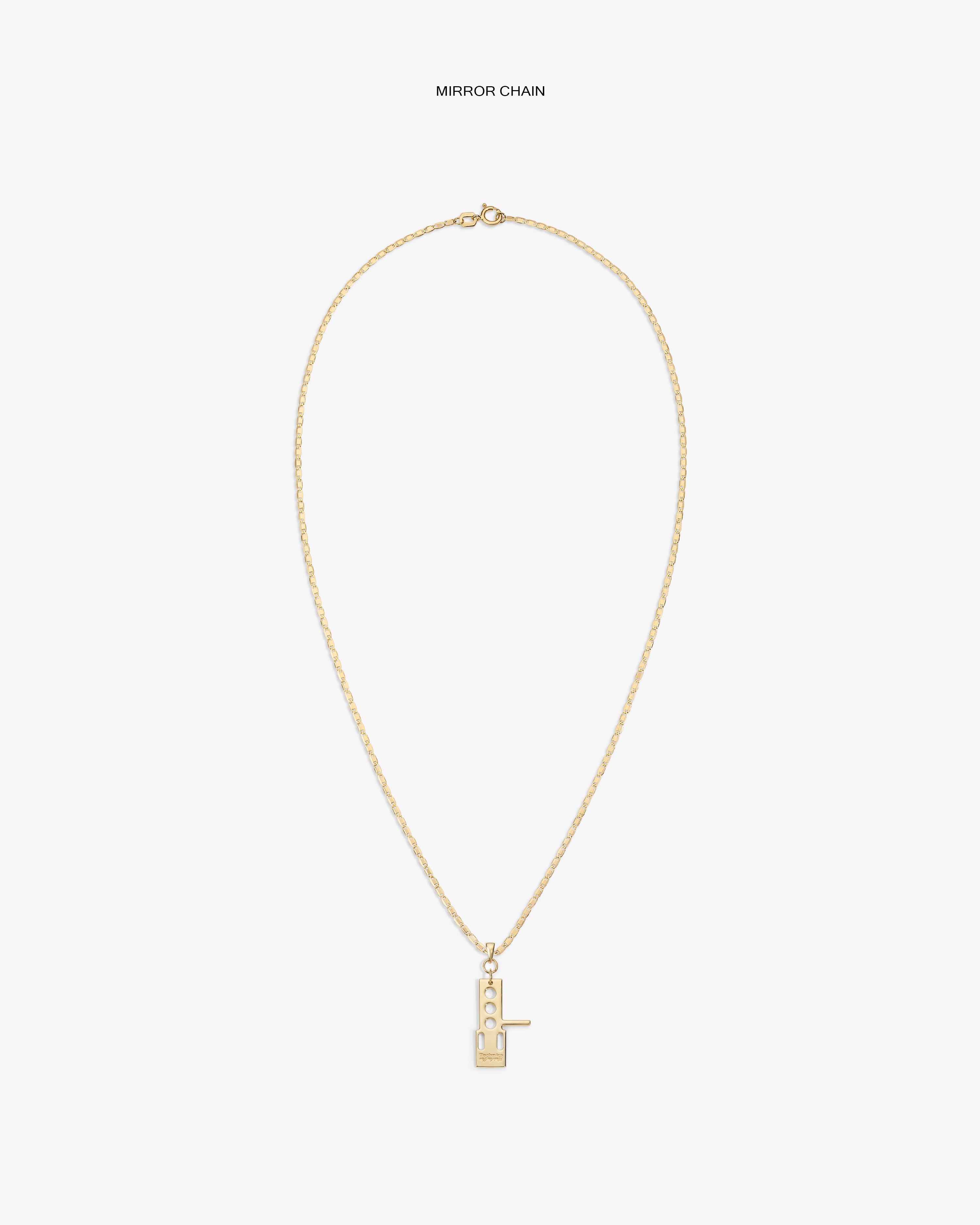 ALD / Technics 14Kt Gold Pendant: vertical rectangular geometric cutout on chain, shown on white background.