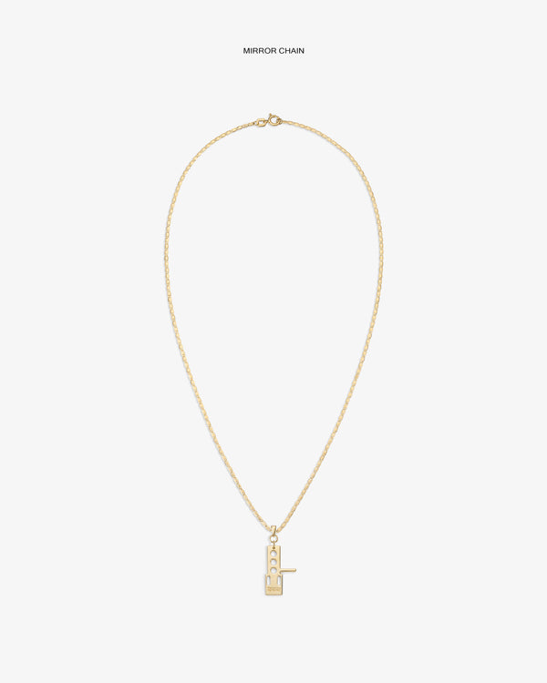 ALD / Technics 14Kt Gold Pendant: vertical rectangular geometric cutout on chain, shown on white background.
