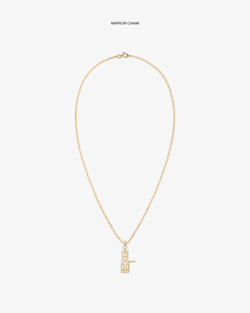 ALD / Technics 14Kt Gold Pendant: vertical rectangular geometric cutout on chain, shown on white background.