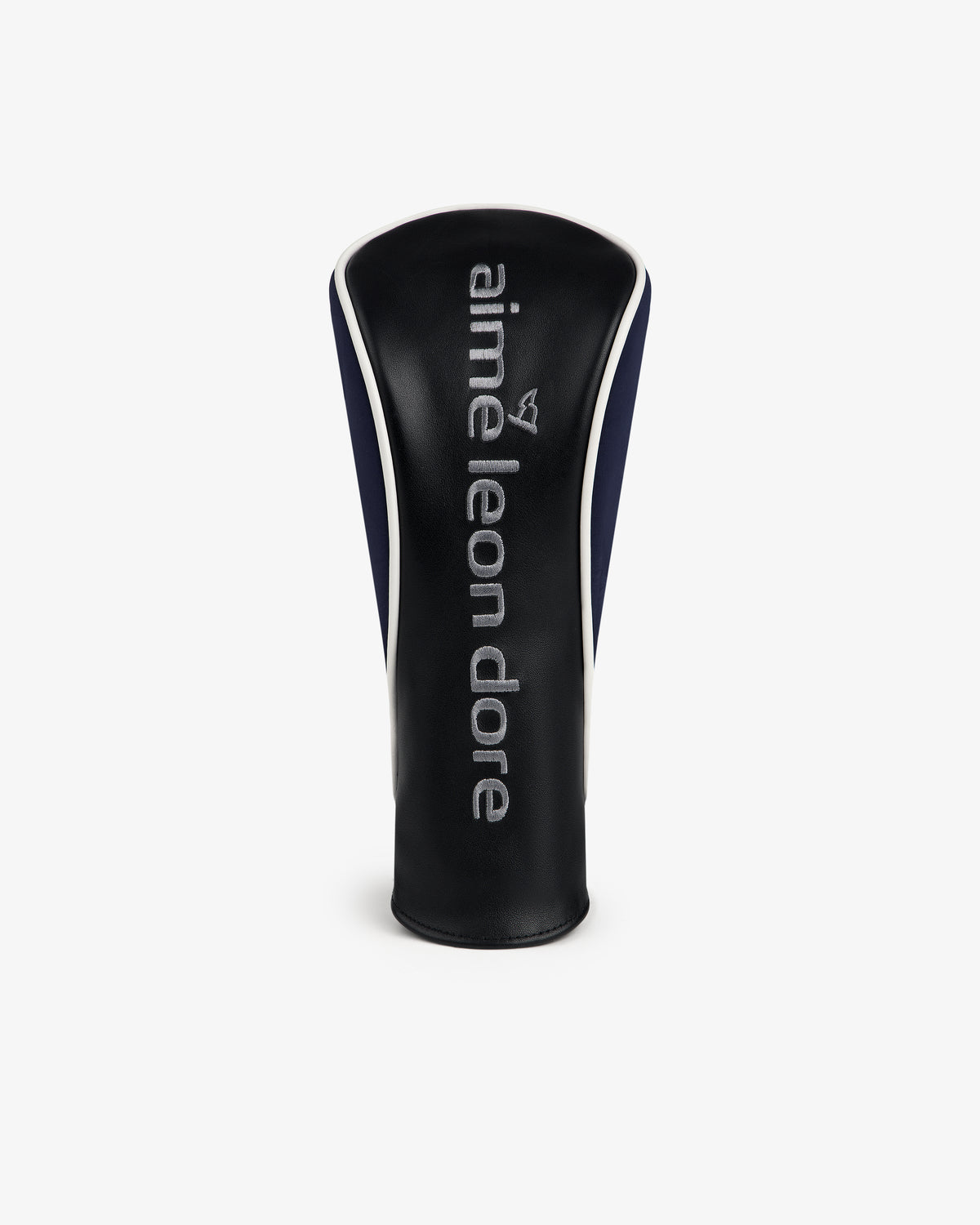 ALD Golf Driver Cover in black leather with a small white aime leon dore logo embroidered on the front.