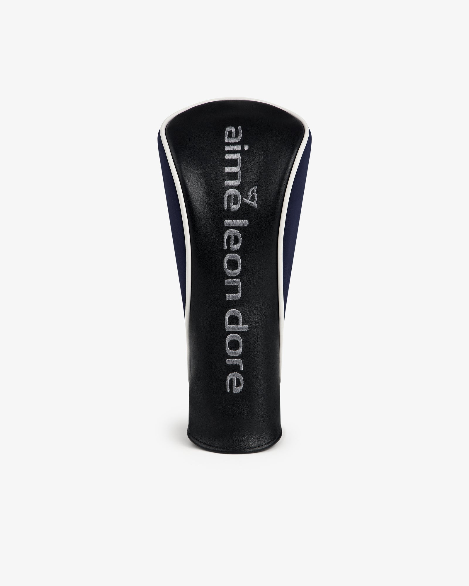 ALD Golf Driver Cover in black leather with a small white aime leon dore logo embroidered on the front.