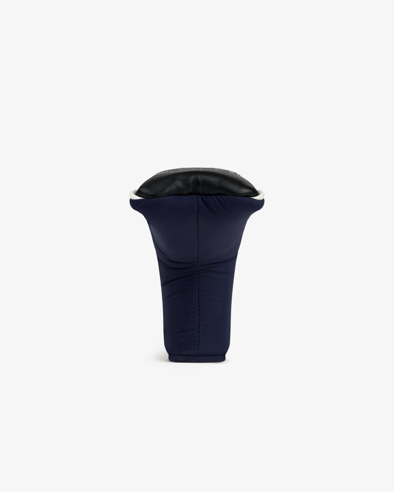 The ALD Golf Putter Cover in navy blue and black is displayed upright against a plain white background.