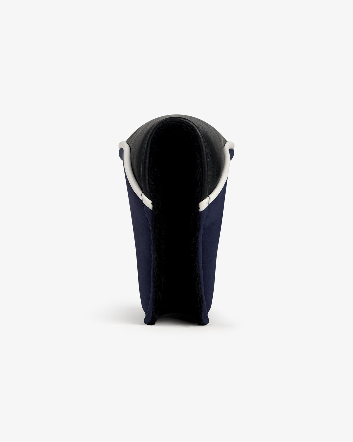 Front view of an ALD Golf Putter Cover in dark blue and black with an open top, on a plain white background.