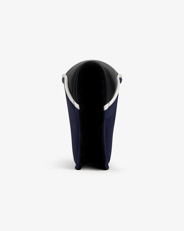 Front view of an ALD Golf Putter Cover in dark blue and black with an open top, on a plain white background.