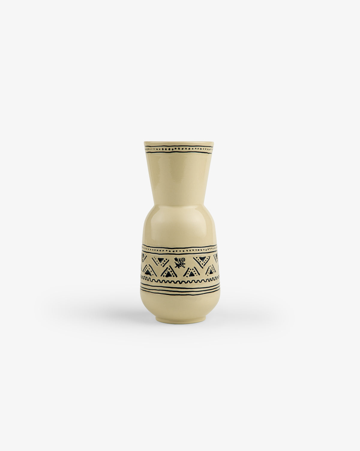 Textile Patterned Vase: A beige ceramic vase with black geometric and floral designs on a white background.