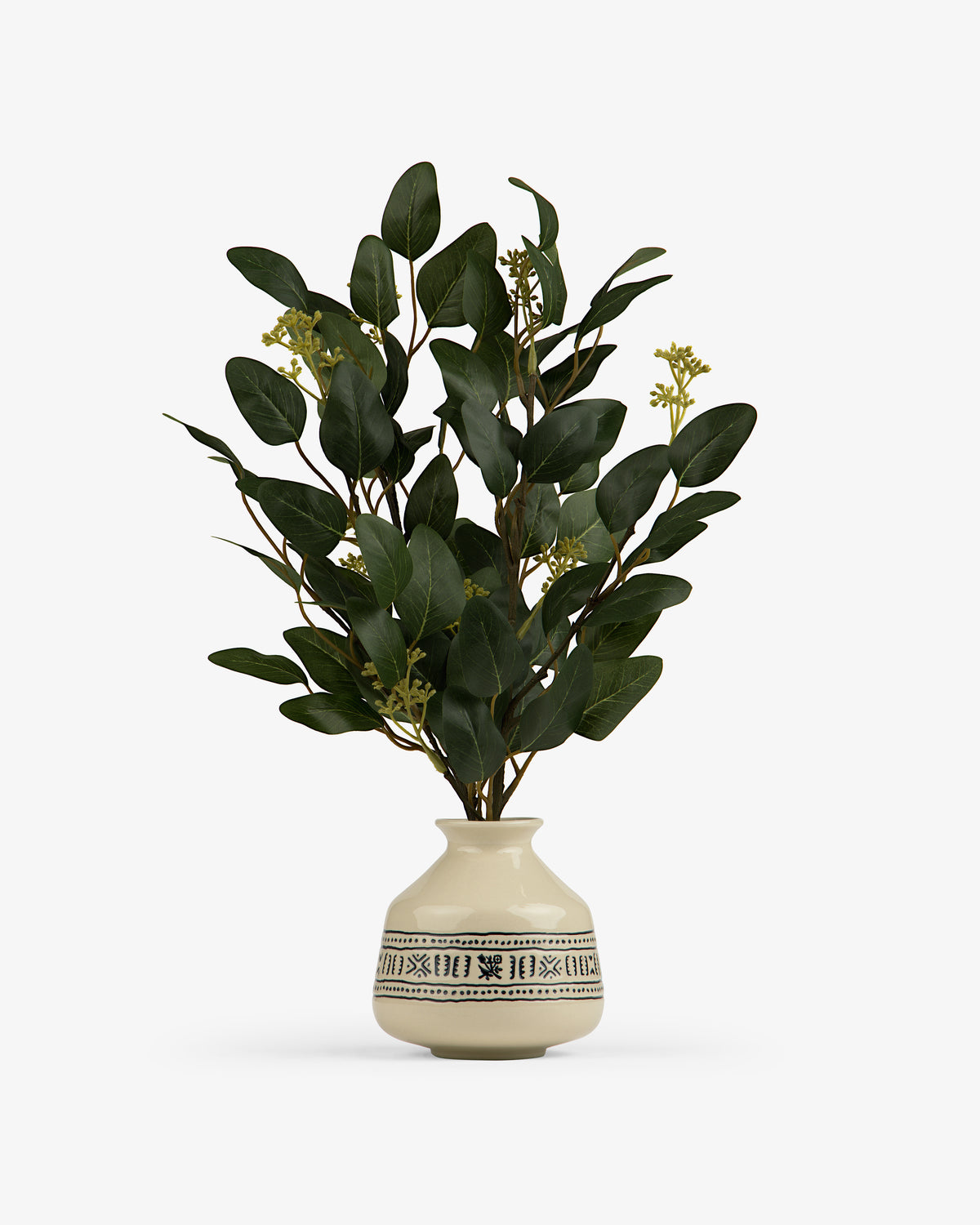A leafy green plant with yellow buds in the Textile Patterned Bud Vase.