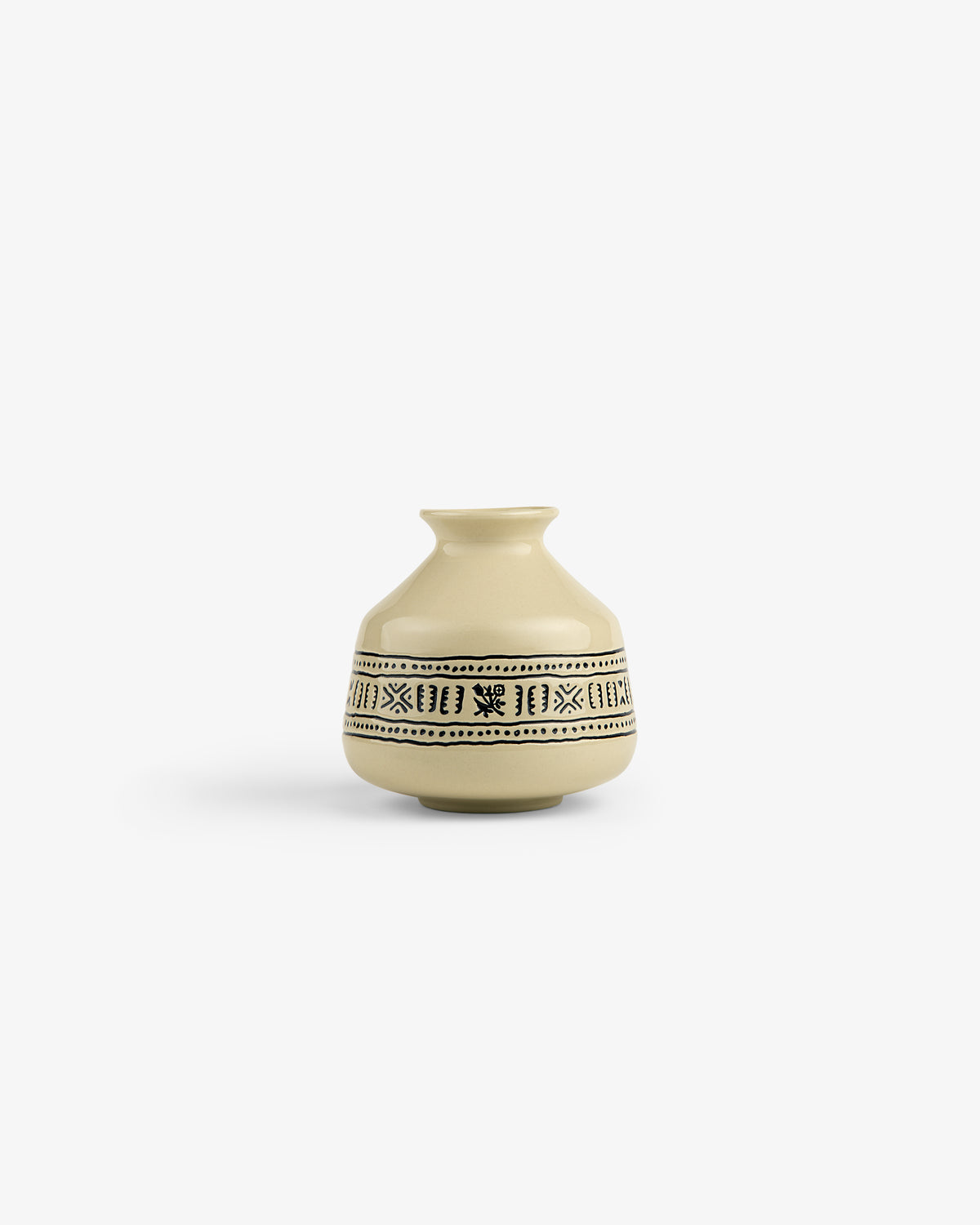 Textile Patterned Bud Vase: small beige ceramic with narrow neck and black geometric designs, shown on white background.
