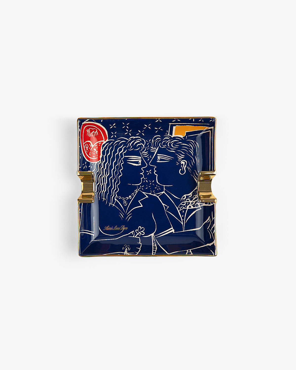Fassianos "Nocturnal Love" ashtray features a blue and gold design with two people and a small red accent in the corner.