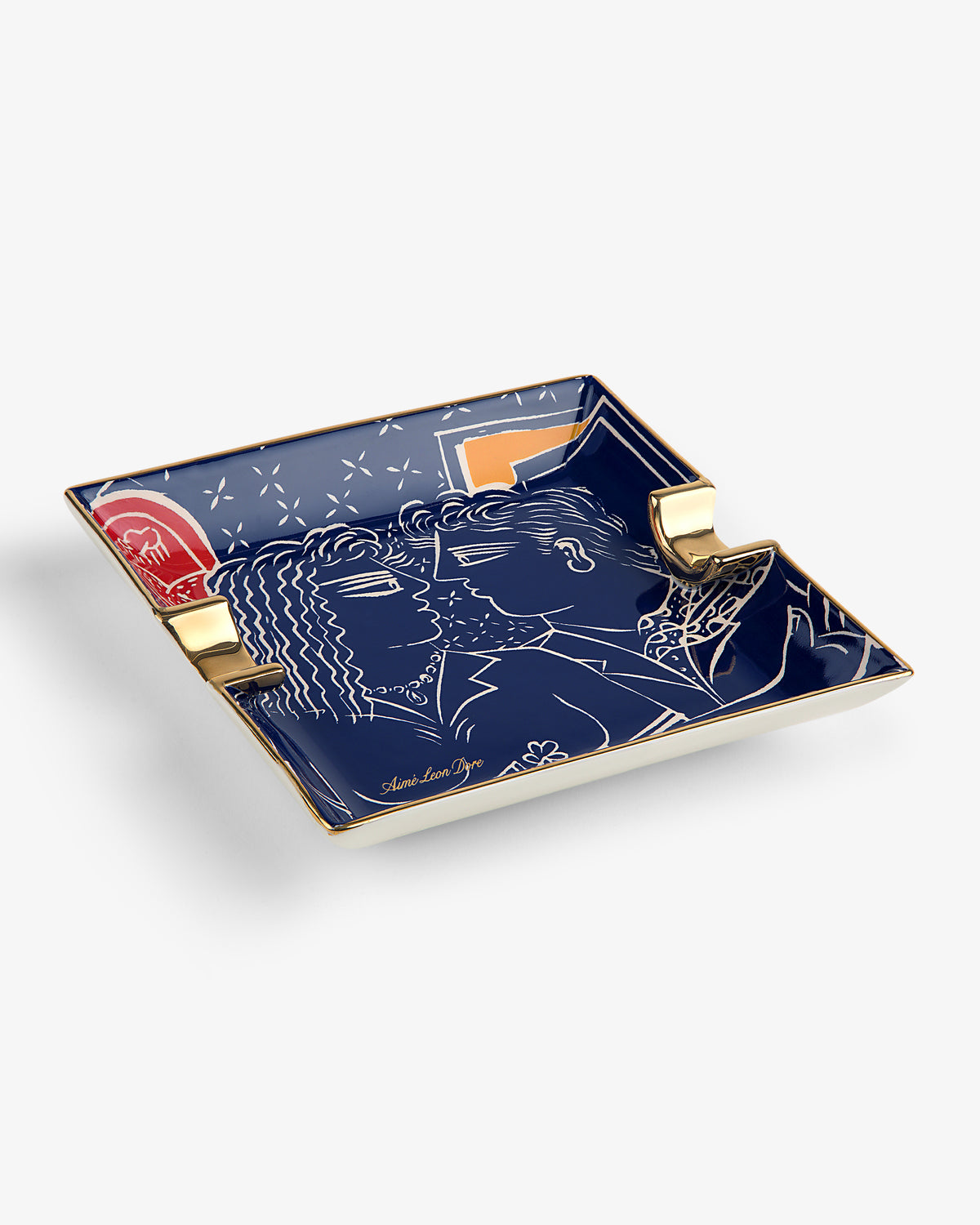 Fassianos "Nocturnal Love" blue ashtray with gold edges, featuring a couple and abstract accents.