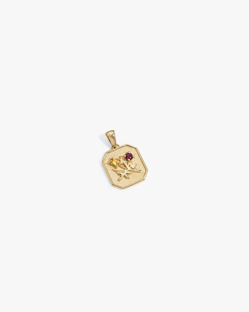 14Kt Gold Queens Crest Relief Pendant featuring a floral motif and small red gemstone on a white background.