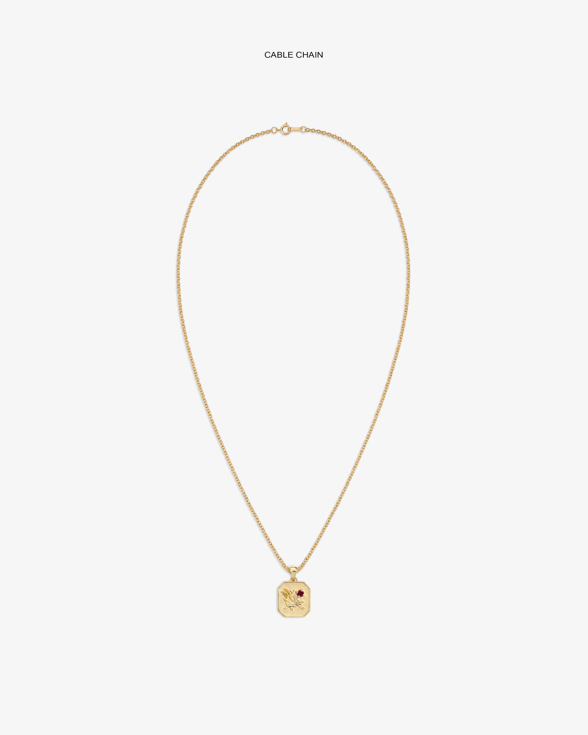 14Kt Gold Queens Crest Relief Pendant on a cable chain, featuring an engraved crest and a small red gemstone accent.