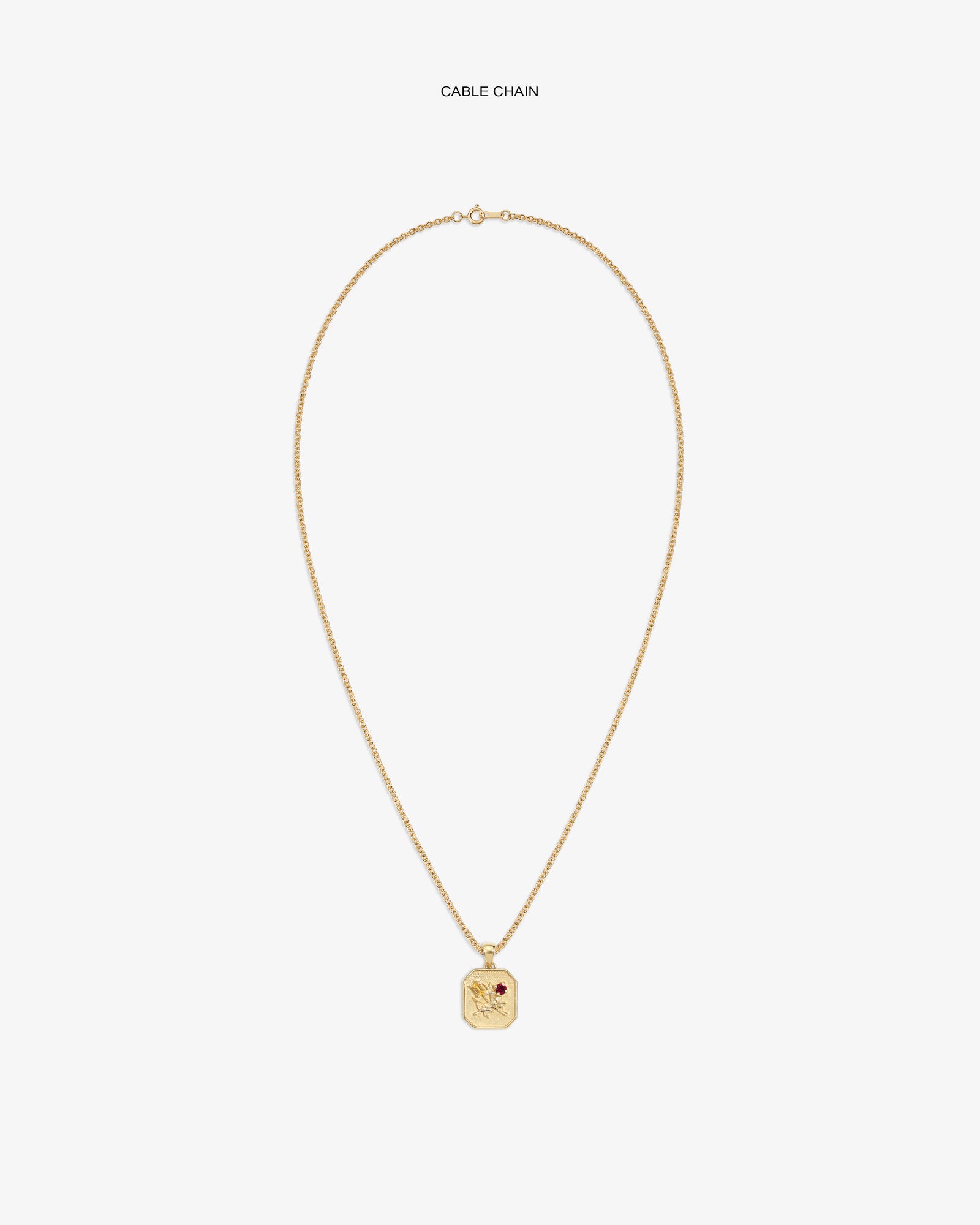 14Kt Gold Queens Crest Relief Pendant on a cable chain, featuring an engraved crest and a small red gemstone accent.