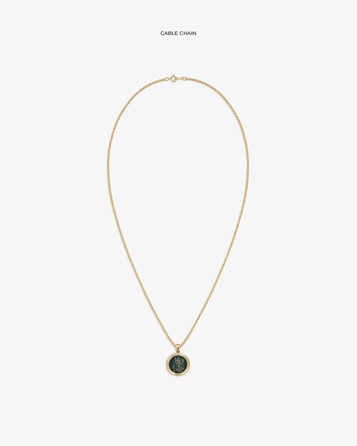 14Kt Gold Saint George Coin Pendant on a cable chain, shown against a white background.