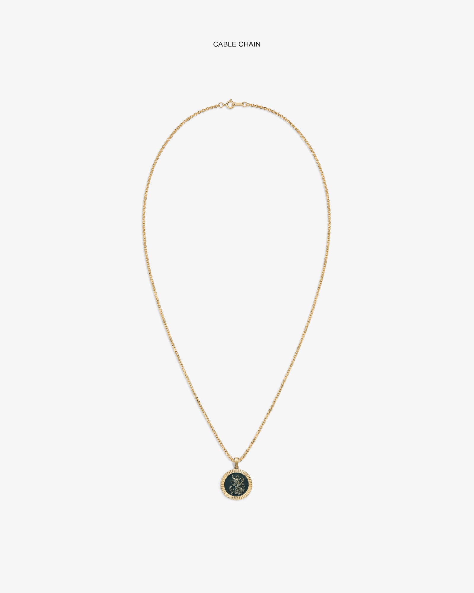 14Kt Gold Saint George Coin Pendant on a cable chain, shown against a white background.