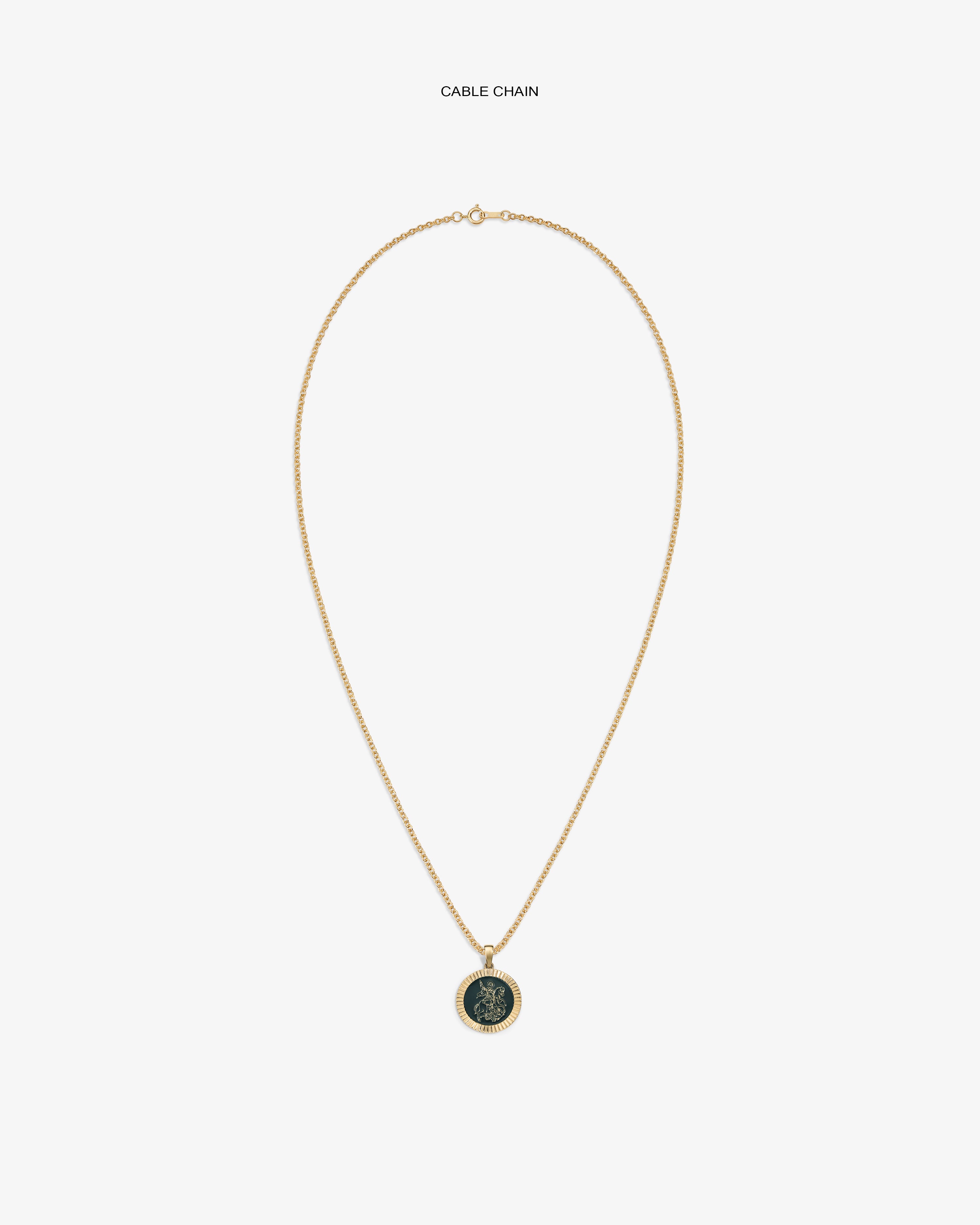 14Kt Gold Saint George Coin Pendant on a cable chain, shown against a white background.