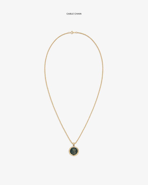 14Kt Gold Saint George Coin Pendant on a cable chain, shown against a white background.