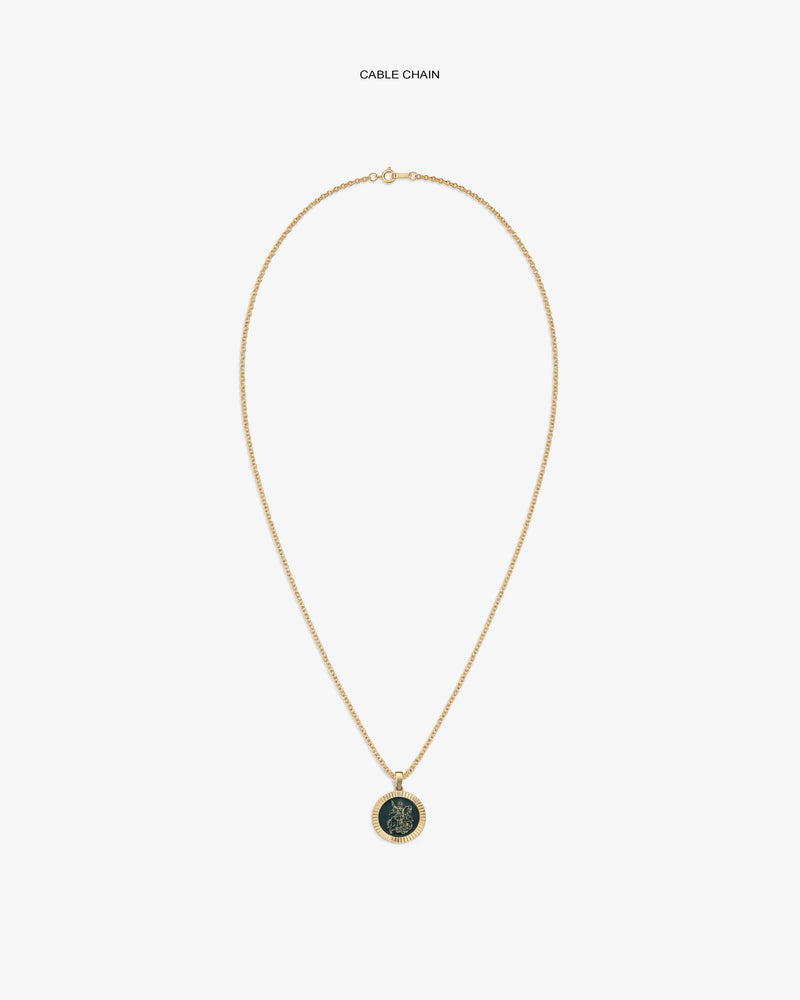 14Kt Gold Saint George Coin Pendant on a cable chain, shown against a white background.