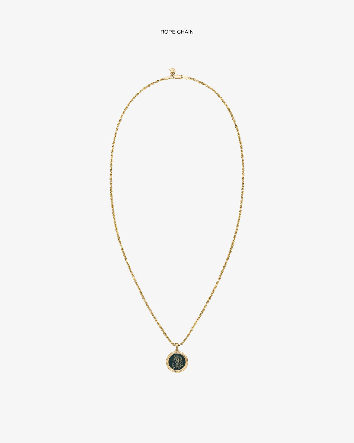 14Kt Gold Saint George Coin Pendant necklace with a round, engraved pendant on a white background.