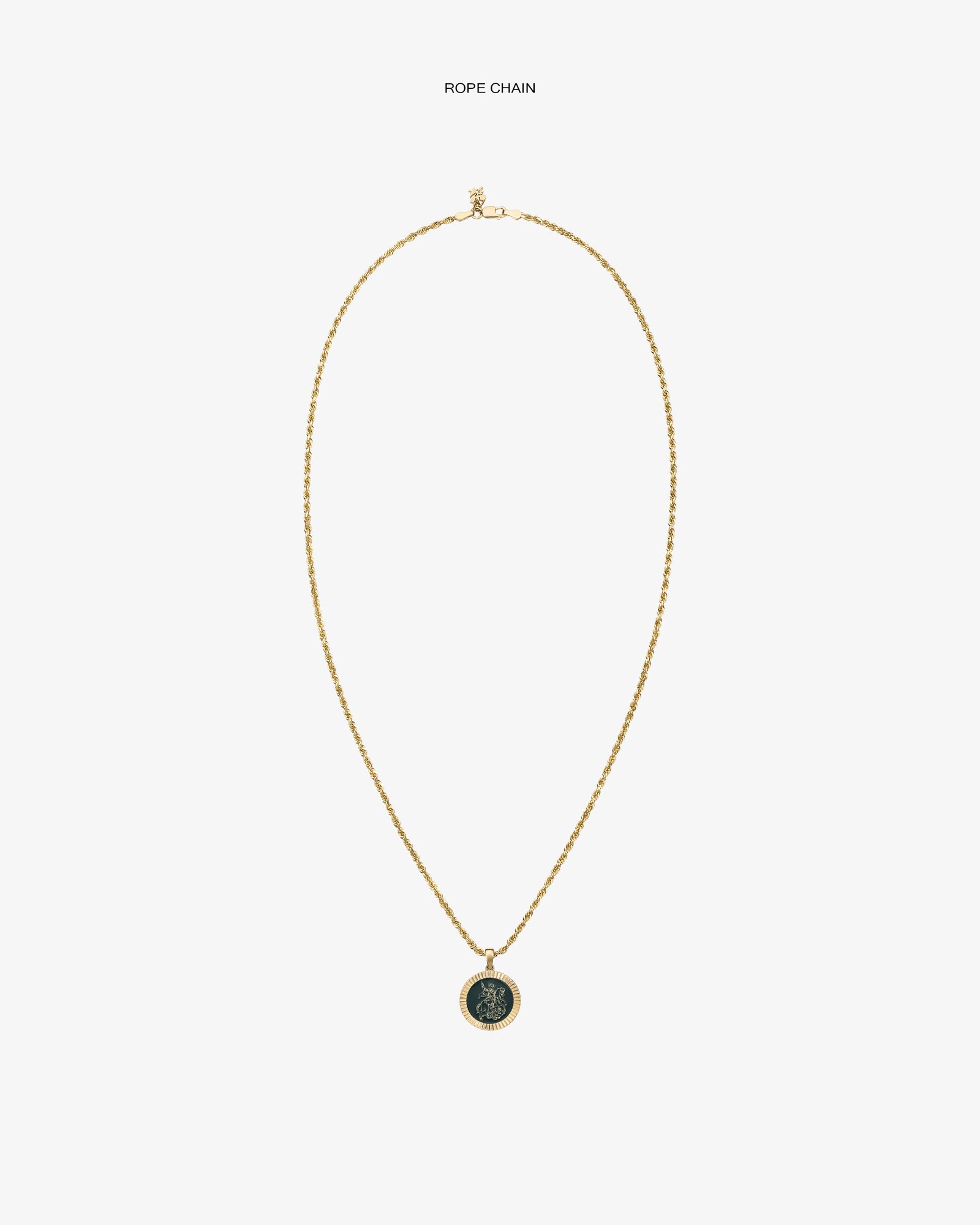 14Kt Gold Saint George Coin Pendant necklace with a round, engraved pendant on a white background.