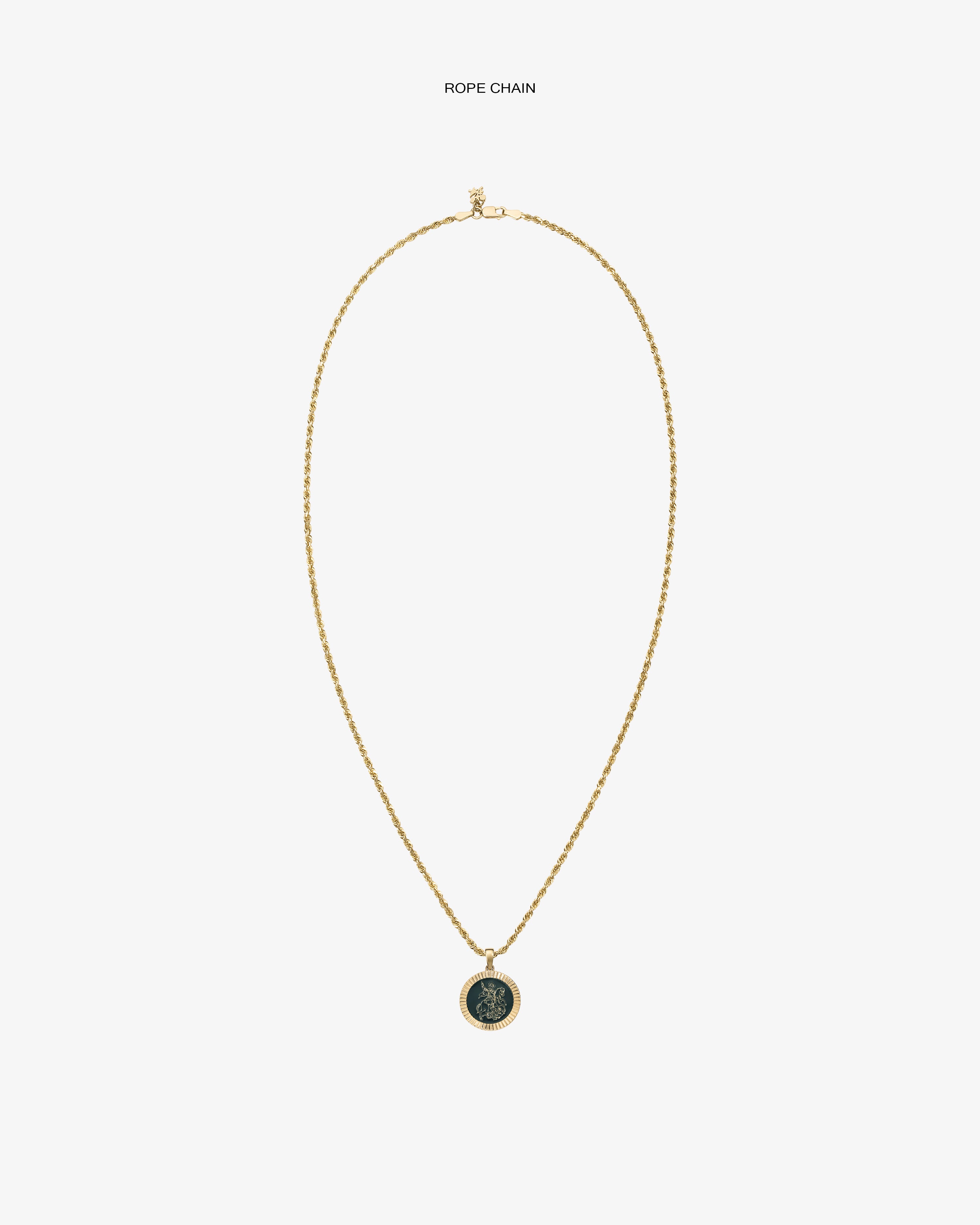 14Kt Gold Saint George Coin Pendant necklace with a round, engraved pendant on a white background.