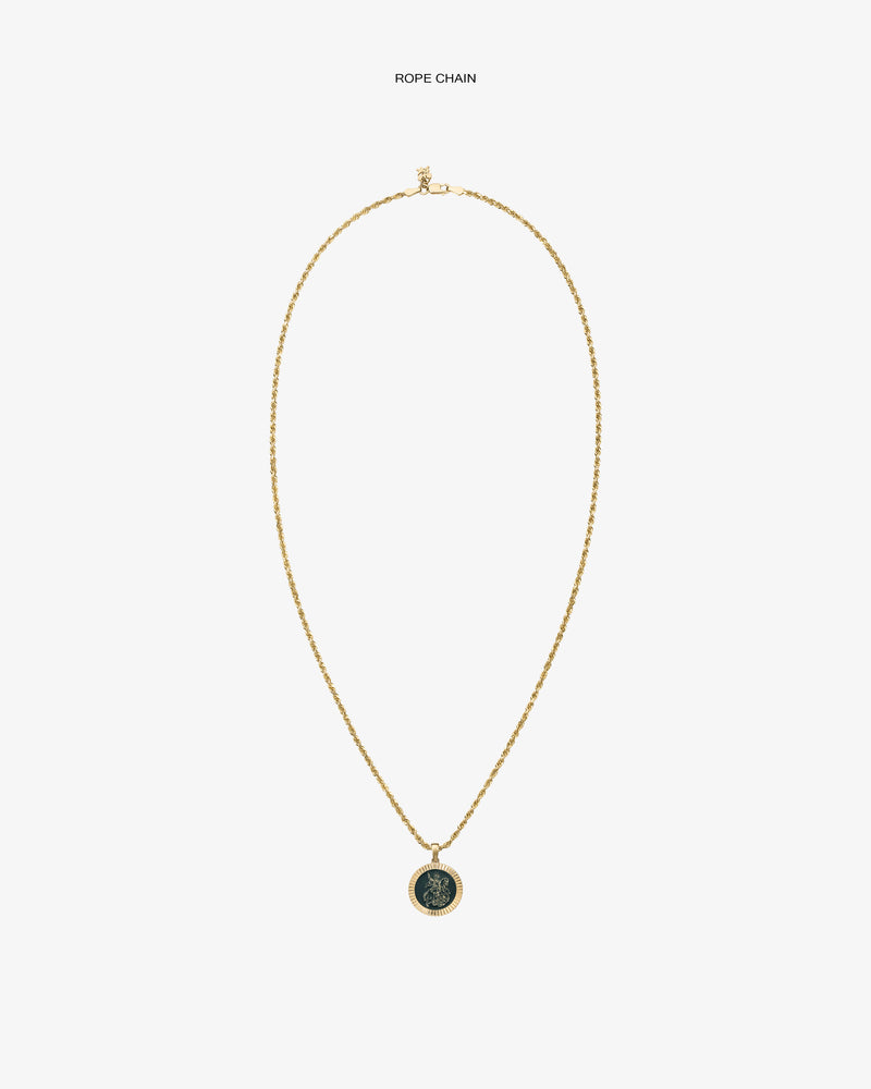 14Kt Gold Saint George Coin Pendant necklace with a round, engraved pendant on a white background.
