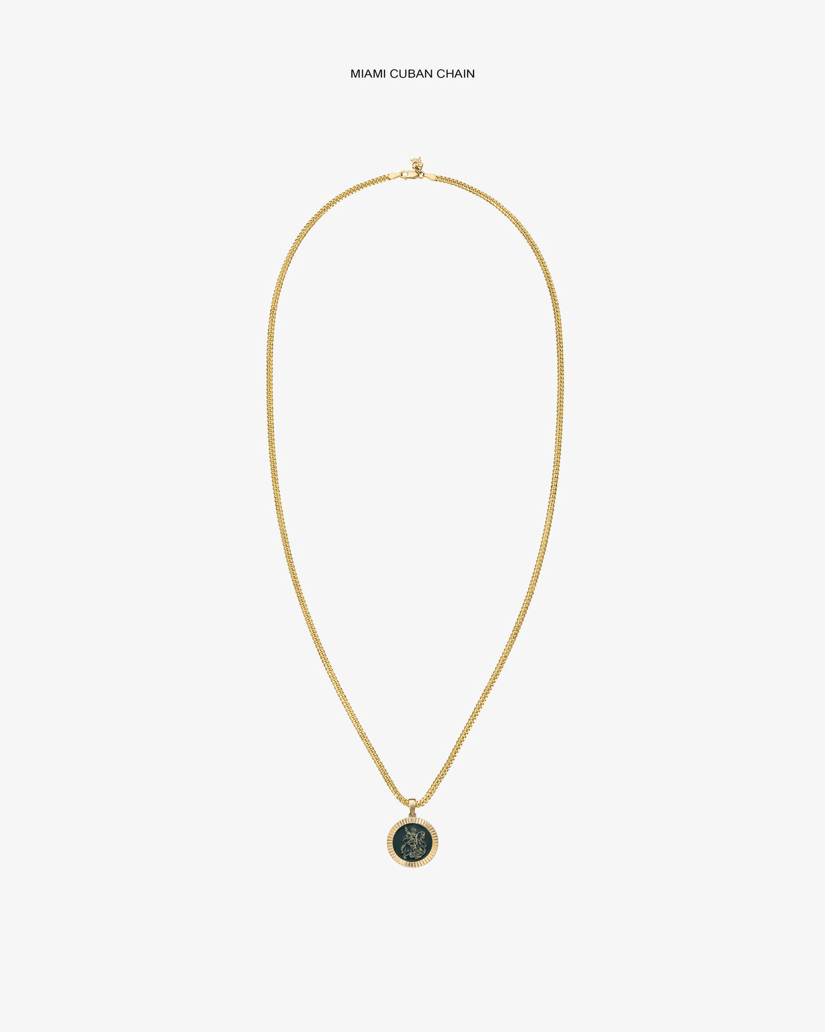 14Kt Gold Saint George Coin Pendant on a Miami Cuban chain, shown against a plain white background.
