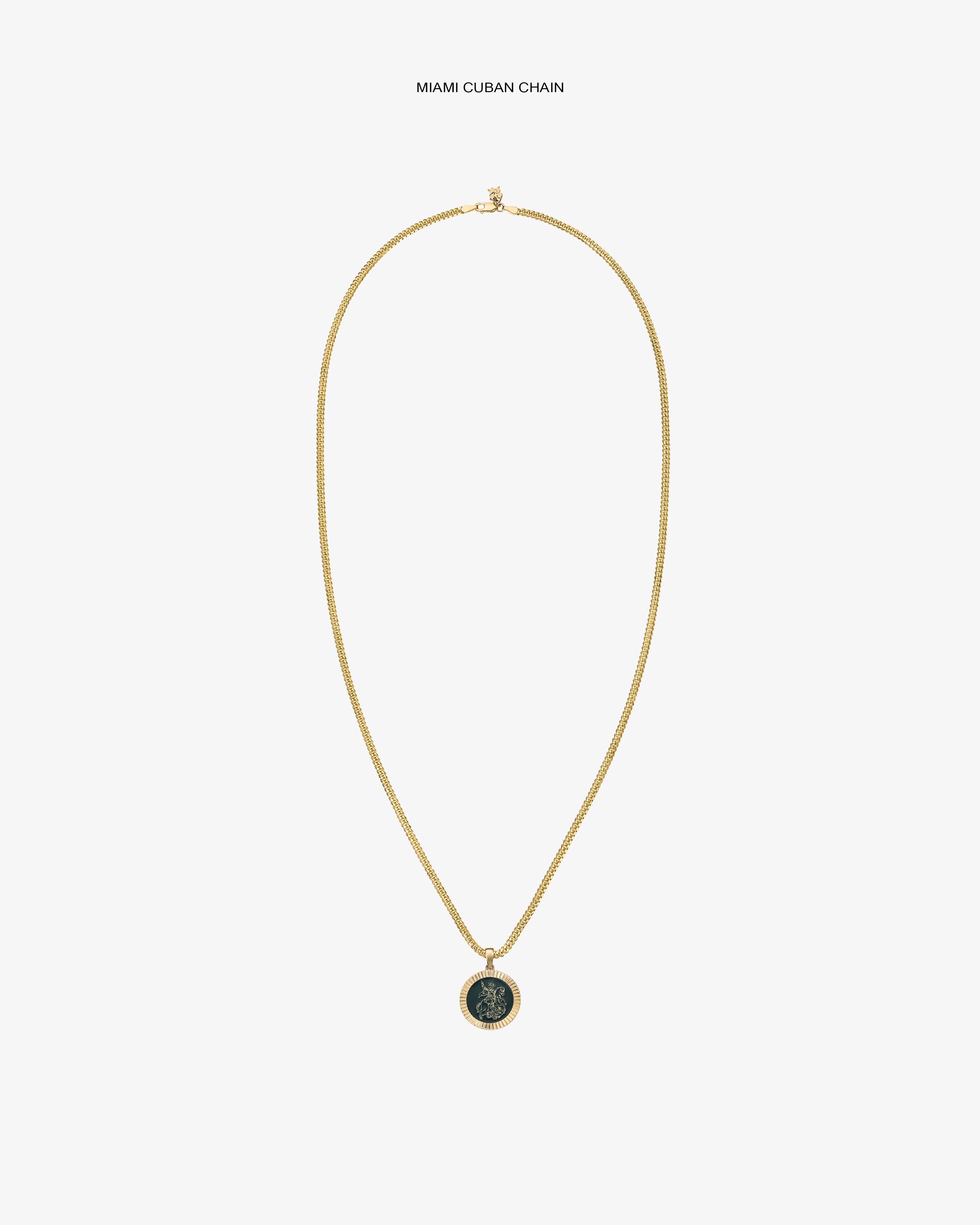 14Kt Gold Saint George Coin Pendant on a Miami Cuban chain, shown against a plain white background.