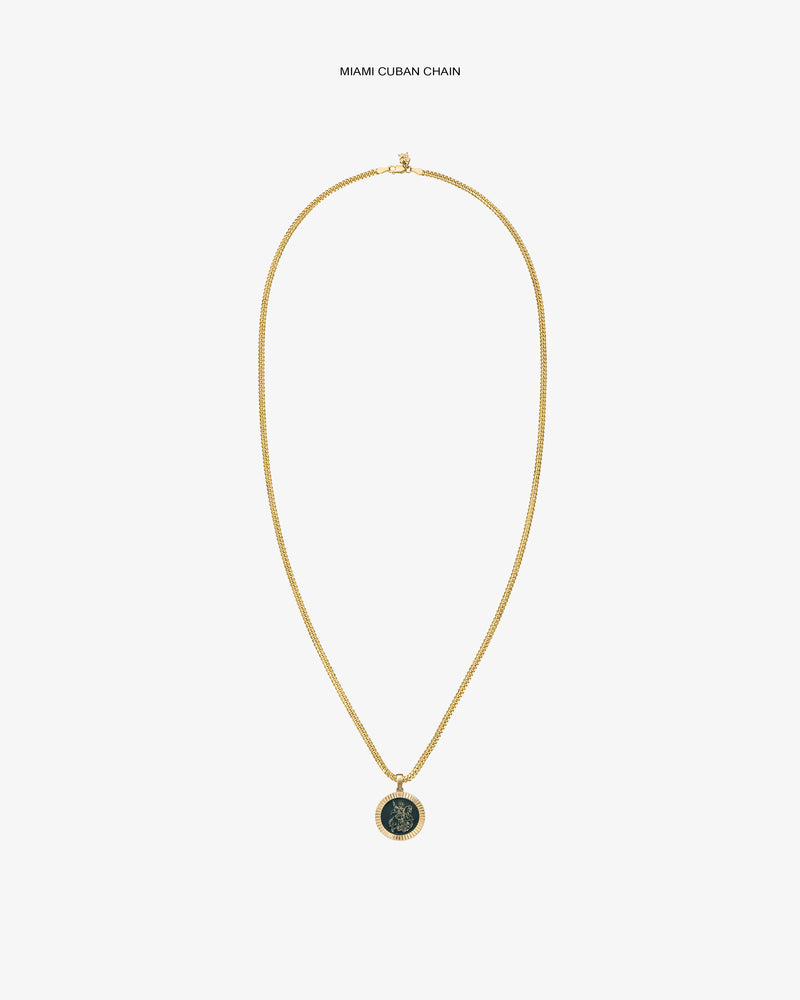 14Kt Gold Saint George Coin Pendant on a Miami Cuban chain, shown against a plain white background.