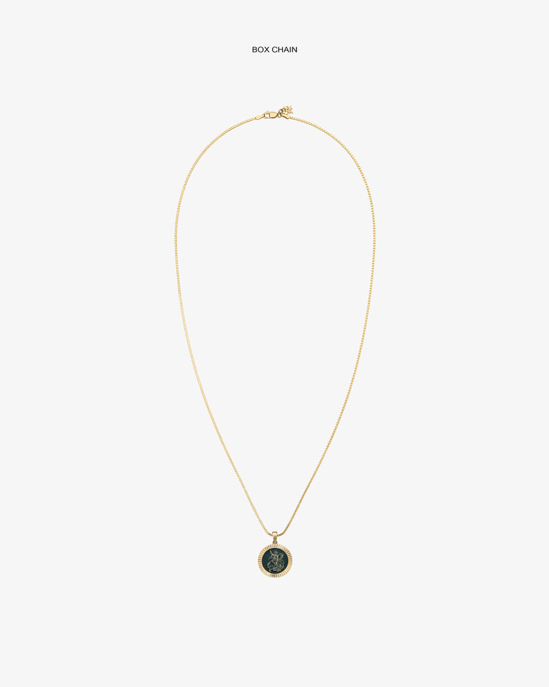 14Kt gold chain necklace with a Saint George coin pendant, shown on a white background.