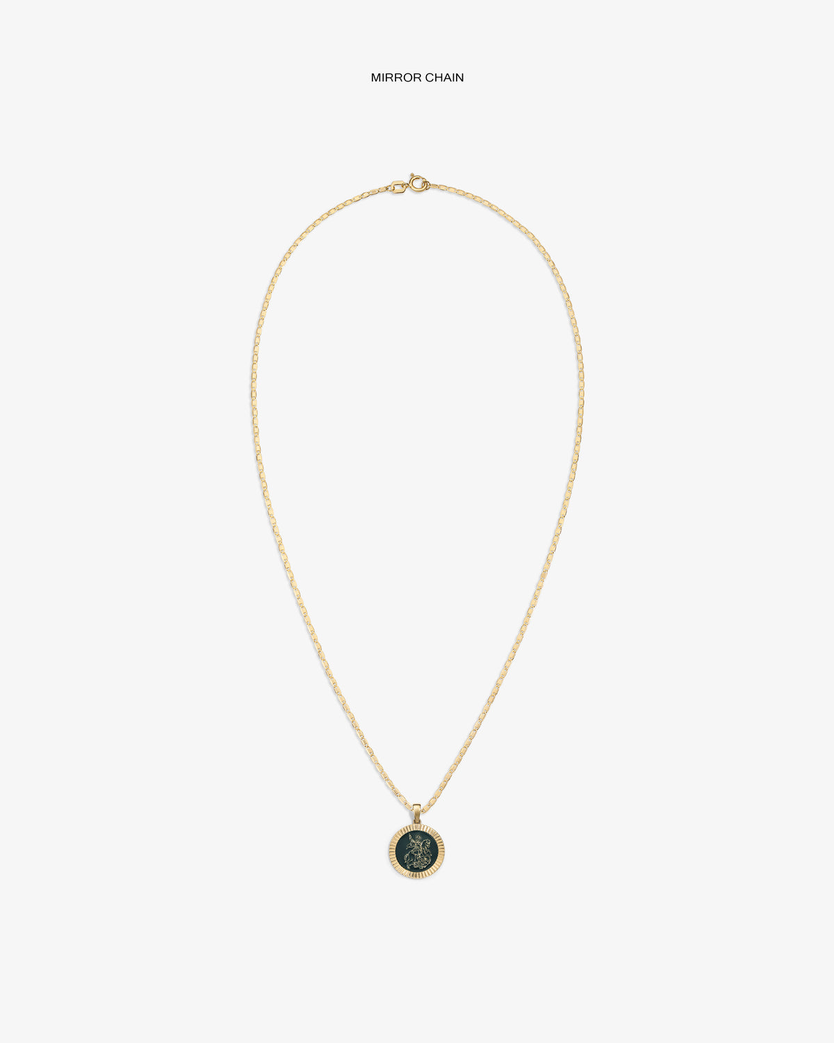 14Kt gold chain necklace with a round Saint George coin pendant on a plain white background.