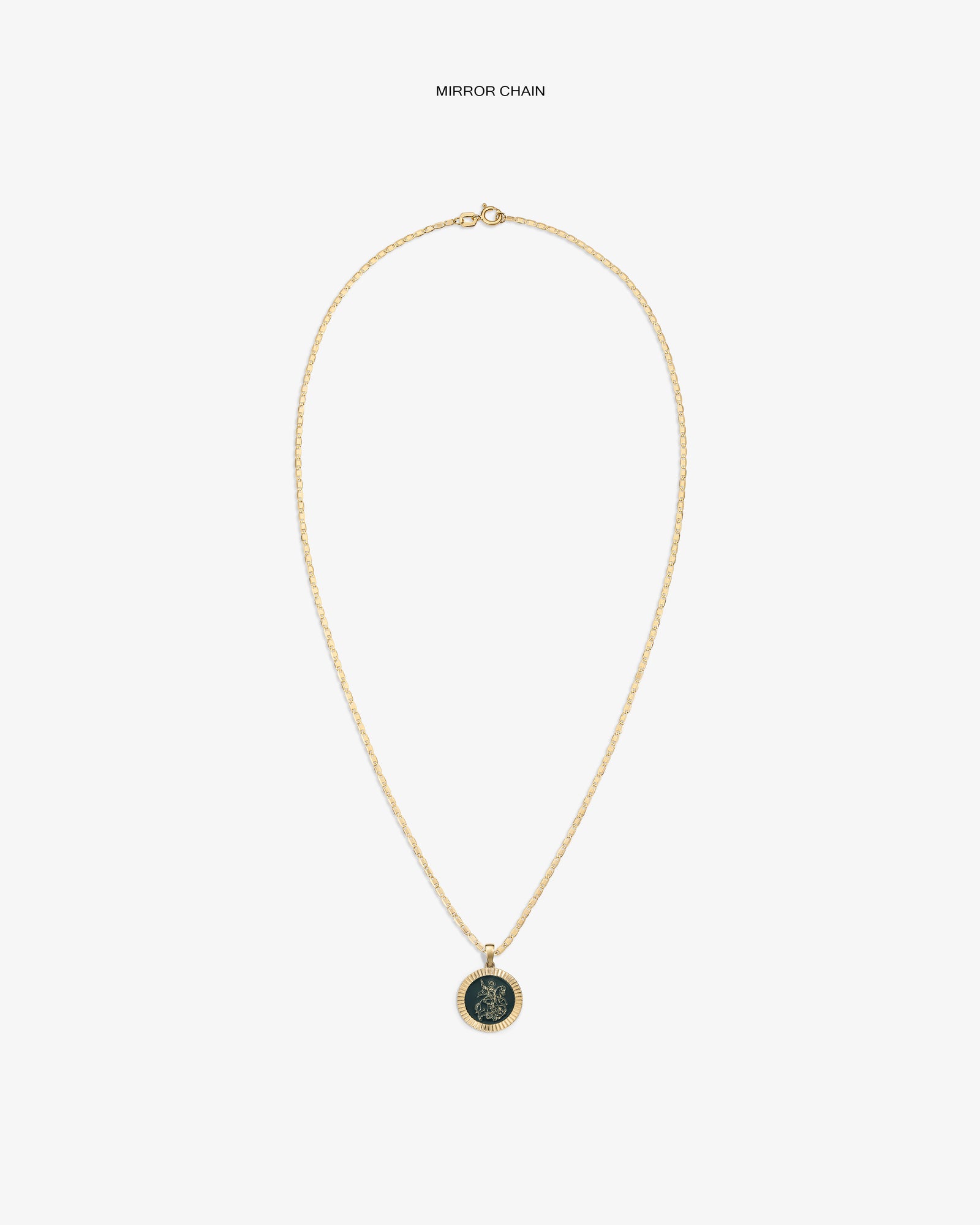 14Kt gold chain necklace with a round Saint George coin pendant on a plain white background.