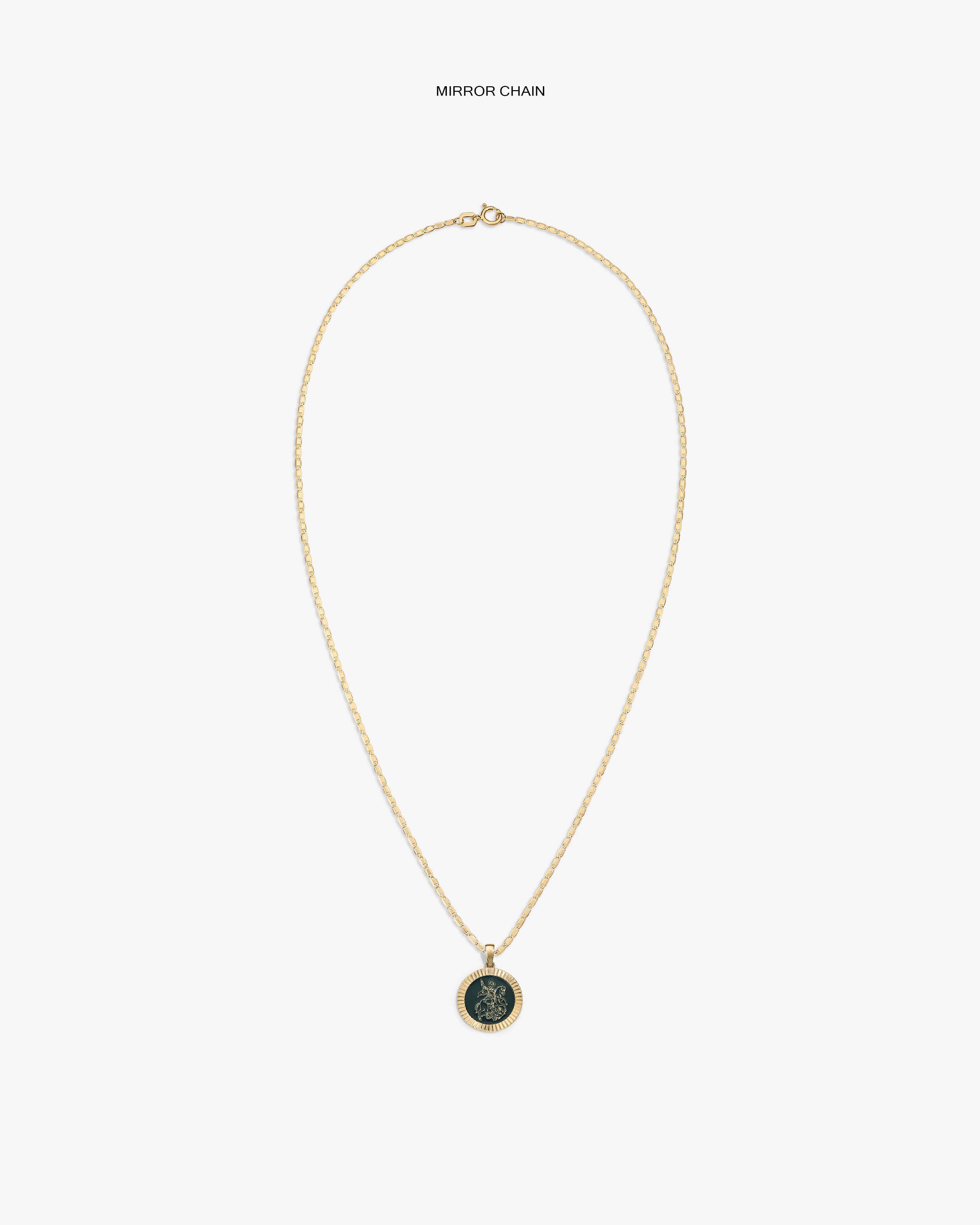 14Kt gold chain necklace with a round Saint George coin pendant on a plain white background.