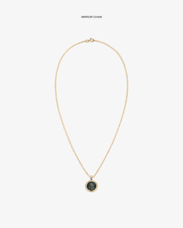 14Kt gold chain necklace with a round Saint George coin pendant on a plain white background.