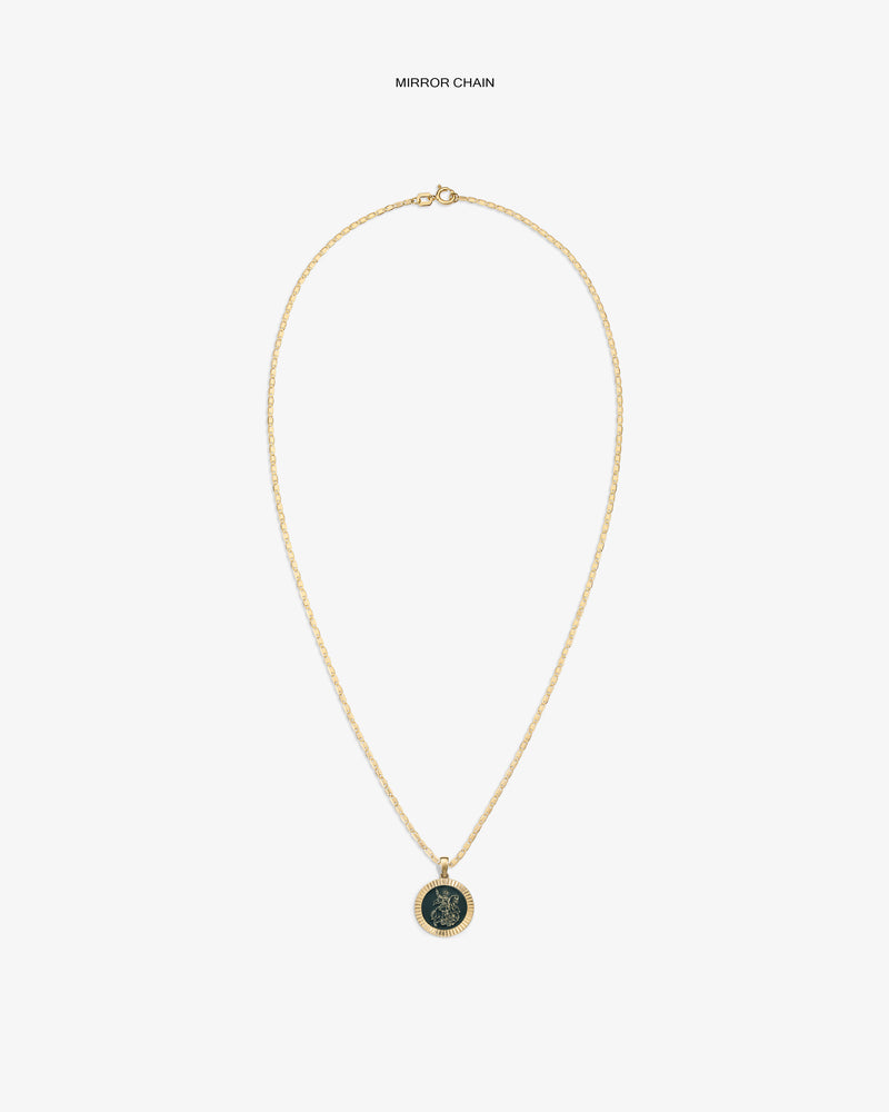 14Kt gold chain necklace with a round Saint George coin pendant on a plain white background.