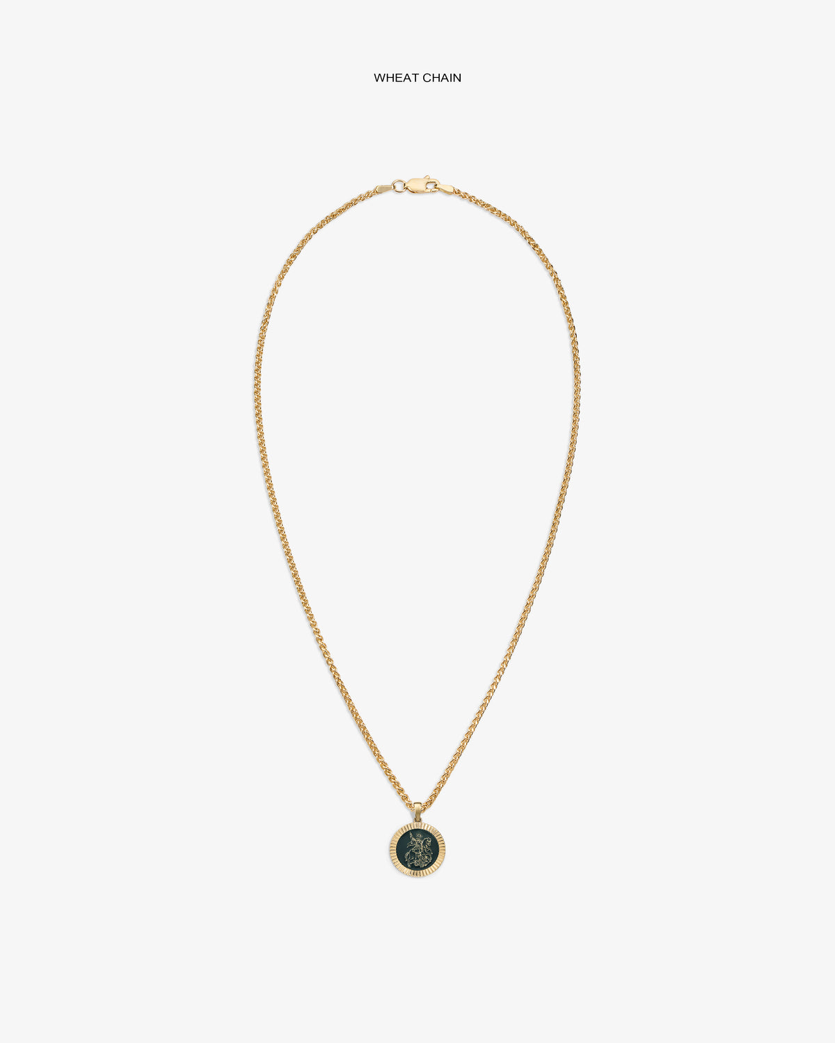 14Kt gold wheat chain necklace with a Saint George coin pendant, shown on a plain white background.