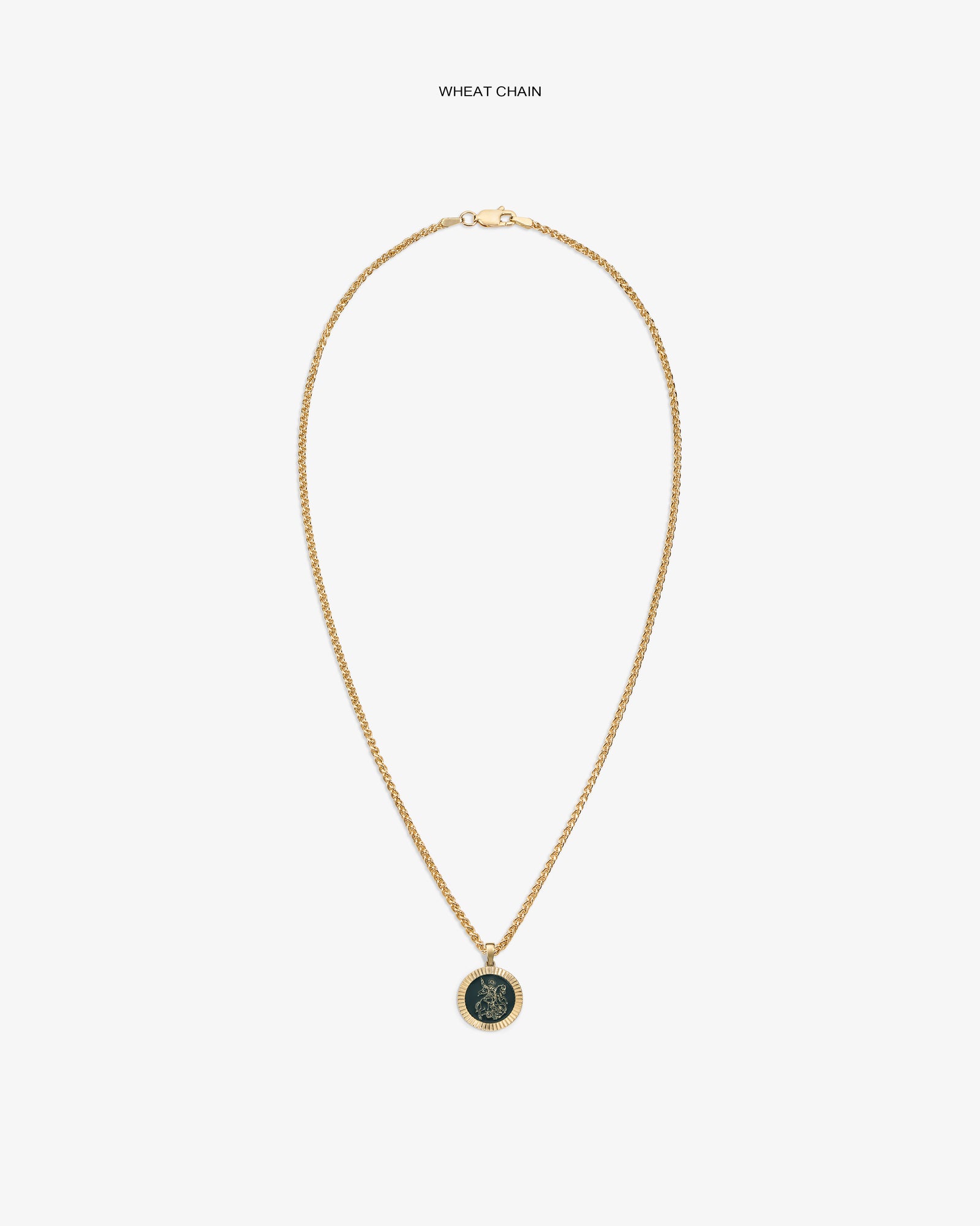 14Kt gold wheat chain necklace with a Saint George coin pendant, shown on a plain white background.