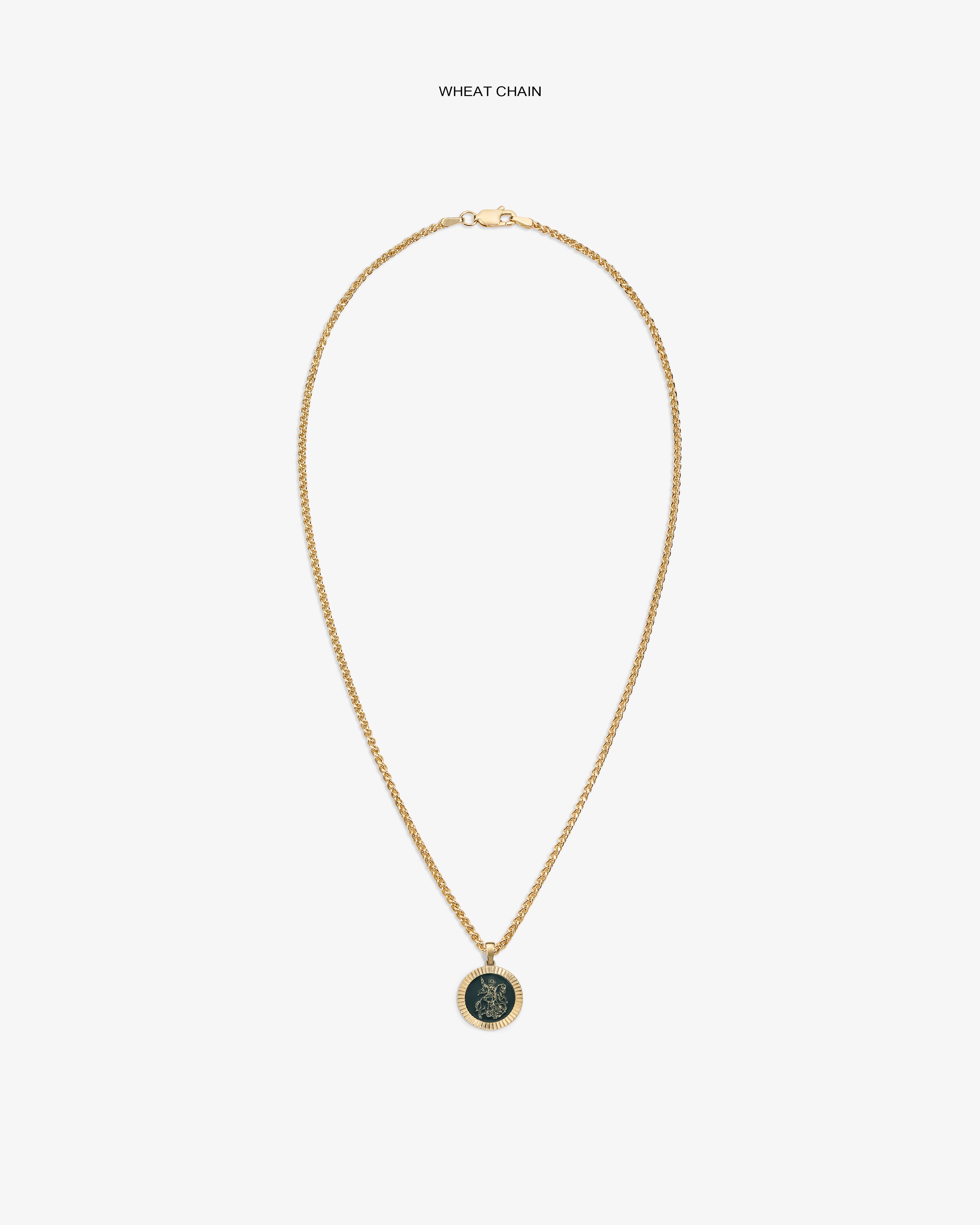 14Kt gold wheat chain necklace with a Saint George coin pendant, shown on a plain white background.