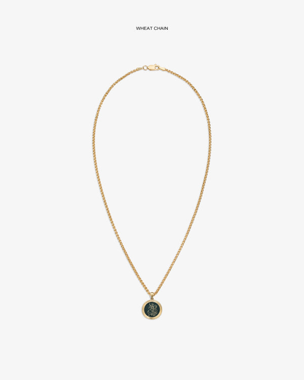 14Kt gold wheat chain necklace with a Saint George coin pendant, shown on a plain white background.