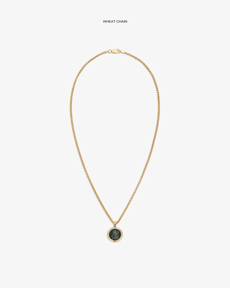 14Kt gold wheat chain necklace with a Saint George coin pendant, shown on a plain white background.